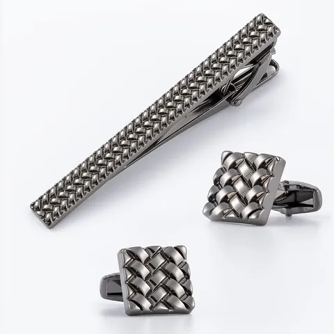 Men Woven Pattern Metal Tie Clip And Cufflinks Set Alloy French Business Suit Accessories Fashion Jewelry Gift