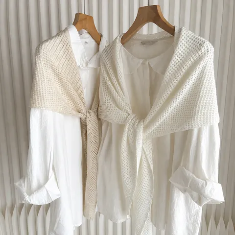 Women Hollow Knitted Shawl Cape Elegant Open Front Cardigan Summer Sun Protection Solid Color Casual Poncho Wrap Scarf