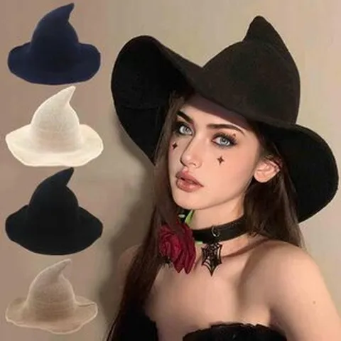 Cappello Da Strega A Maglia Berretto Da Mago Appuntito Halloween Cosplay Tinta Unita Pieghevole Traspirante Caldo Donna