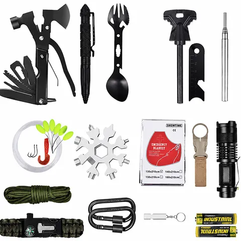 Conjunto de Herramientas de Supervivencia para Exteriores Multifuncional Equipo de Rescate de Emergencia con Hacha Linterna para Camping Senderismo