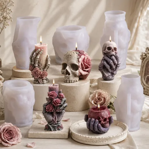 Halloween Totenkopf Skelett Hand Rose Aromatherapie Kerze Silikonform Gotisch Dunkler Stil DIY Handwerk Seife Gips Herstellung Form