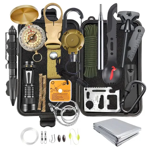 Outdoor Overlevingsuitrusting Kit Noodgeval Kamperen Multi Tool Tactische Zaklamp Overlevingsdeken Kompas Reddingsuitrusting