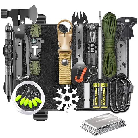 Conjunto de Herramientas de Supervivencia para Exteriores Multifuncional Equipo de Rescate de Emergencia con Hacha Linterna para Camping Senderismo
