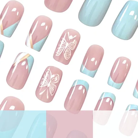 French Press On Nails Medium Long Square Fake Nails With Cute White Butterfly Glitter Design Daily Wear Nail Art Set