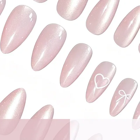 Pink Cat Eye Press On Nails Long Almond Fake Nails With Heart And Bow Minimalist Artificial Nail Art Tips For Women