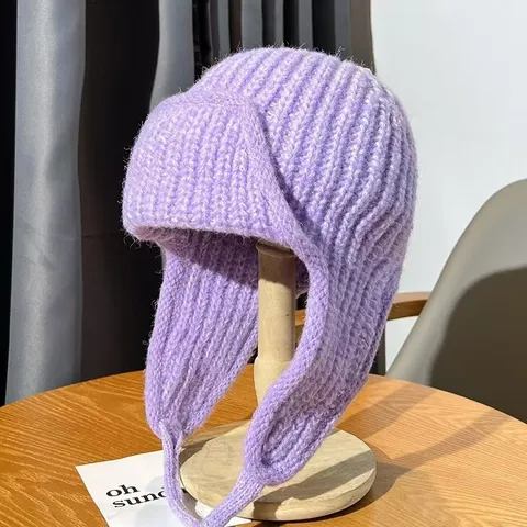 Gorro de Punto Cálido de Invierno para Mujer con Orejeras Color Sólido Casual Espesado A Prueba de Viento Térmico