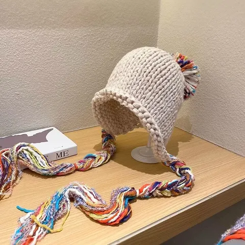 Gorro de Punto Cálido de Invierno para Mujer Gorro Pullover con Pompones y Trenzas de Borlas Coloridas Gorro de Punto Casual de Moda