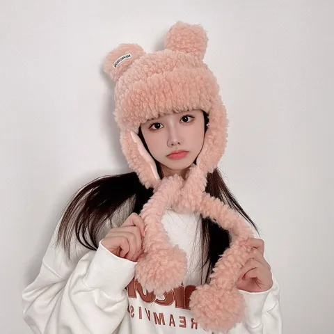 Hiver Chaud Cachemire d'Agneau Mignon Ours Oreille Peluche Chapeau Protège-oreilles Femmes Style Coréen Coupe-vent Thermique