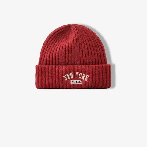Unisex Invierno Cálido Sombrero De Punto Beanie Moda Casual Color Sólido Letra Bordado Doblez Gorro Hombres Mujeres