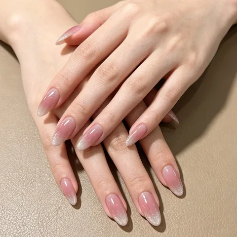 Uñas Postizas Cortas de Almendra Degradado Claro Nude Rubor Ojo de Gato Uñas Acrílicas Falsas Acabado Brillante Uñas Postizas Elegantes Para Mujeres