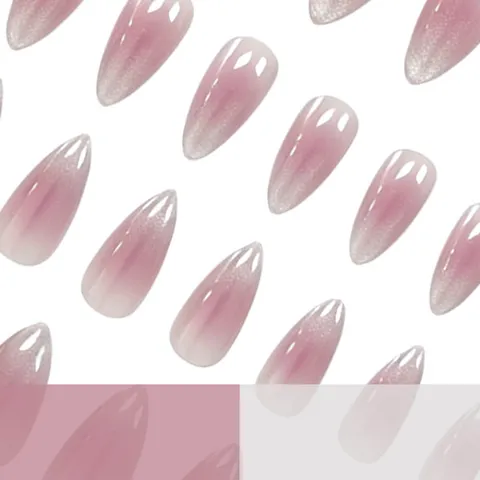 Uñas Postizas Cortas de Almendra Degradado Claro Nude Rubor Ojo de Gato Uñas Acrílicas Falsas Acabado Brillante Uñas Postizas Elegantes Para Mujeres