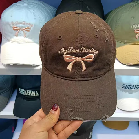 Gorra de Béisbol de Algodón con Lazo Dulce Coreano para Mujer Borde Curvo Sombrero de Protección Solar