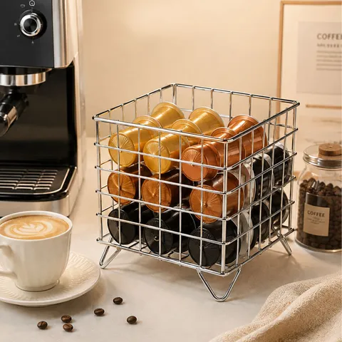 Metal Iron Coffee Capsule Storage Basket Desktop Organizer Wire Storage Holder For Home Kitchen Coffee Bar Countertop