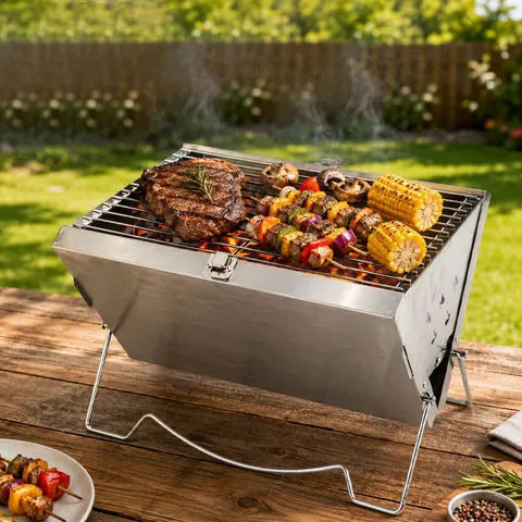 Grill BBQ en Acier Inoxydable Portable d'Extérieur Grille de Barbecue Pliable de Camping Poêle de Cuisson pour Pique-Nique