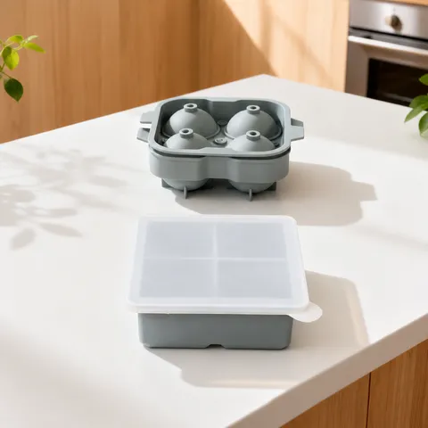 Bac à Glaçons en Silicone avec Couvercle 4 Grilles Moule à Bloc Carré et Fabricant de Boules de Glace pour Cuisine