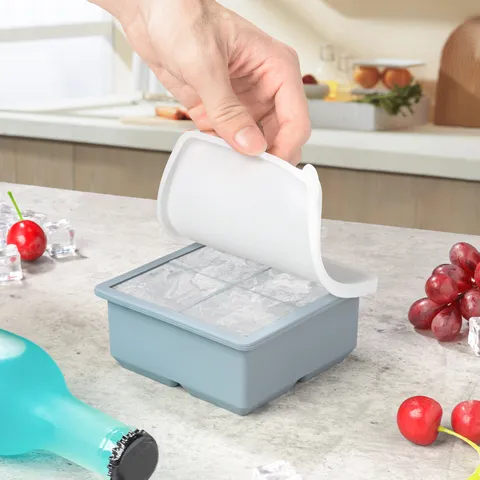 Bac à Glaçons en Silicone avec Couvercle 4 Grilles Moule à Bloc Carré et Fabricant de Boules de Glace pour Cuisine