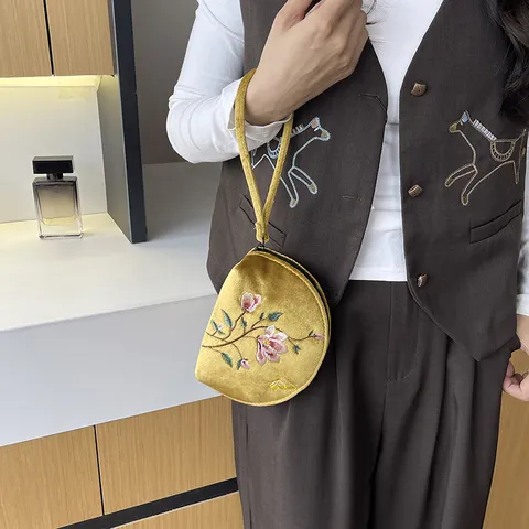 Vintage Chinesischer Stil Samt Bestickt Clutch Tasche Blumen Schmetterling Muster Reißverschluss Handgelenktasche Damen Abendtasche