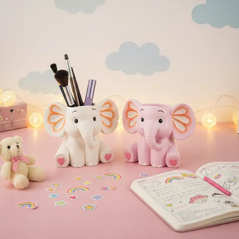 Cartoon Elephant Resin Pen Holder Desktop Stationery Storage Box Cute Animal Desk Organizer For Office School Student Kids Gift