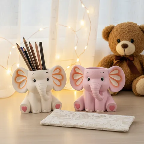 Cartoon Elephant Resin Pen Holder Desktop Stationery Storage Box Cute Animal Desk Organizer For Office School Student Kids Gift