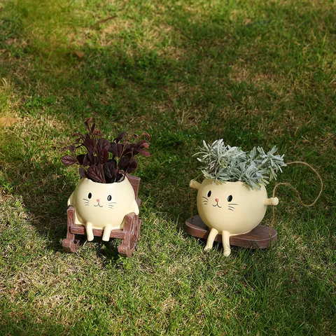 Creative Resin Cat Flower Pot Ornament Cute Animal Swing Rocking Chair Figurine Planter Garden Patio Desktop Decorative Decoration