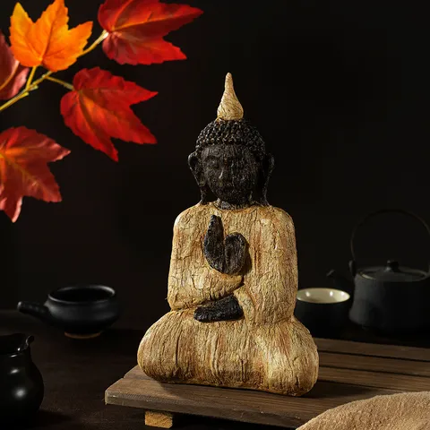Zen Wood Grain Sitting Buddha Statue Eco Friendly Resin Meditating Sculpture Southeast Asian Style Desktop Home Ornament