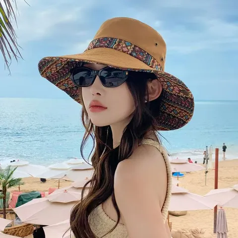 Chapeau de Soleil pour Femme et Homme Chapeau Bob à Large Bord Casquette de Randonnée en Plein Air Pliable Protection UV Style Ethnique
