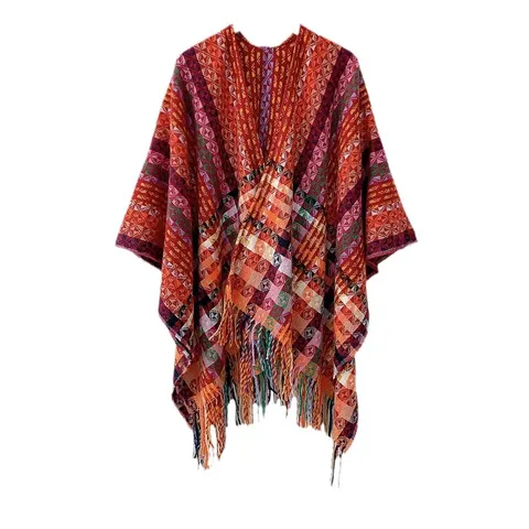 Bohemien Etnisch Geometrisch Patroon Verdikte Warme Sjaal Met Kwastjes Vrouwen Herfst Winter Reizen Open Voorste Cape