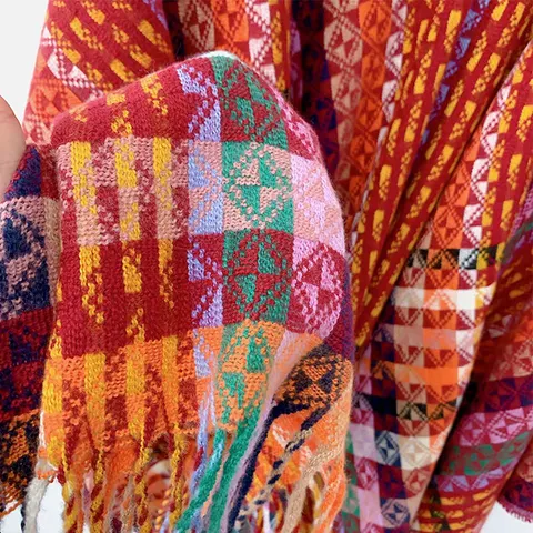 Bohemien Etnisch Geometrisch Patroon Verdikte Warme Sjaal Met Kwastjes Vrouwen Herfst Winter Reizen Open Voorste Cape