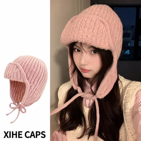 Women Winter Warm Knitted Earflap Hat Solid Color Trapper Aviator Cap Sweet Cute Windproof Beanie Hat