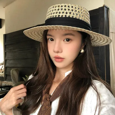Dames Zomer Strohoed Hol Gevlochten Platte Bovenkant Fedora Strand Zonbescherming Brede Rand Vakantie Hoed