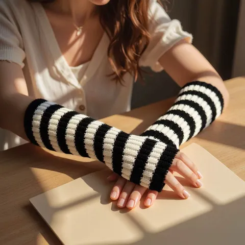 Dames Mode Gestreepte Gebreide Armwarmers Winter Warmte Halve Vingers Lange Handschoenen Casual Kleurenblok Elastische Mouwen