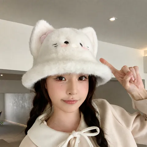 Leuke Pluche Kattenoor Strik Eimerhoed Voor Vrouwen Herfst En Winter Warme Vissenhoed Zoete Harige Visserspet