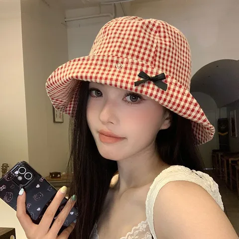 Womens Summer Bucket Hat Cute Grid Plaid Bowknot Fisherman Hat Sun Protection Casual Travel Beach Hat