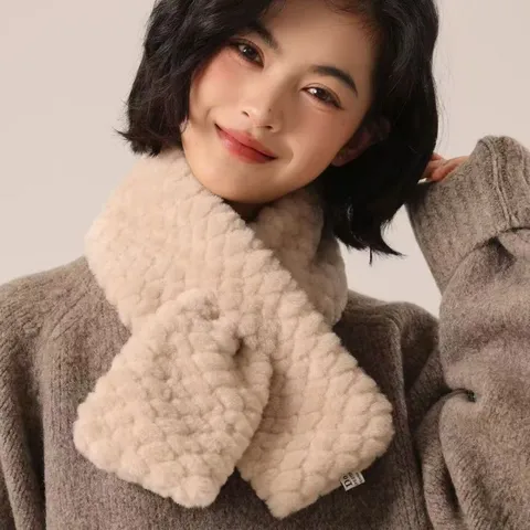 Vrouwen Winter Warm Verdikt Nepbont Kruis Sjaal Effen Kleur Golvend Dierenmotief Nekwarmer Mode Pluche