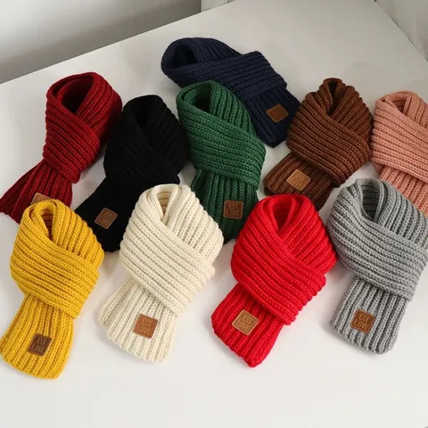Kinderen Winter Warme Gebreide Sjaal Leuke Effen Kleur Zachte Wollen Sjaal Met Leren Label Kinderen Koude Bescherming Nekwarmer