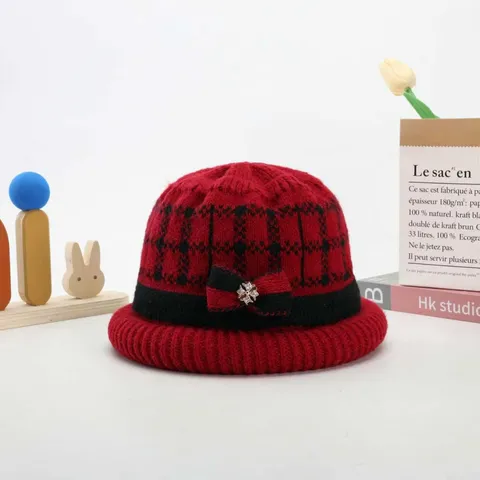 Warme Gebreide Wintermuts Voor Vrouwen Ouderen Ruitjes Beanie Muts Met Strass Strik Verdikte Winddichte Thermische Moeder Vissershoed