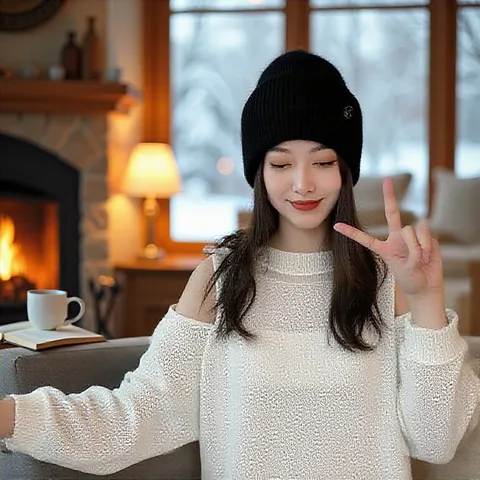 Dames Winter Warm Gebreide Muts Verdikte Fleece Voering Effen Kleur Casual Ski Muts Met Metalen Letter M