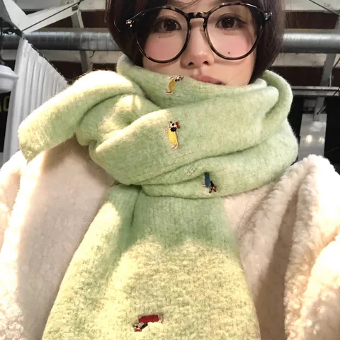 Koreaanse Stijl Leuke Teckel Borduurwerk Polyester Gebreide Sjaal Vrouwen Herfst Winter Warm Zachte Nekkwarmer Mode Sjaal