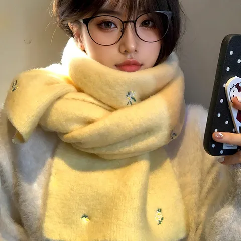 Dames Winter Warm Gebreide Sjaal Zoet Koreaans Stijl Bloemen Borduurwerk Zacht Casual Chic Hals Sjaal Mode Accessoires