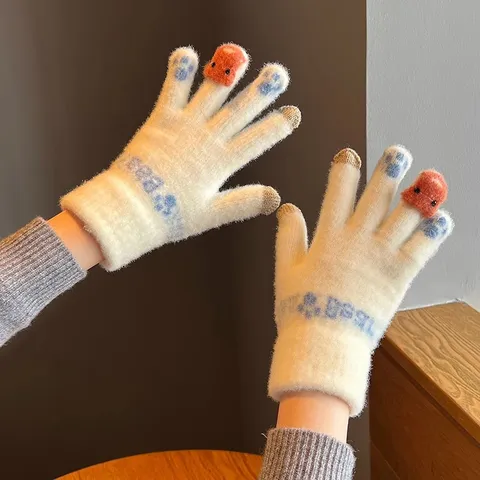 Dames Winter Warm Touchscreen Gebreide Handschoenen Schattig Dierenpoot Afdruk Verdikke Koudwerend Fietsen Thermische Handschoenen