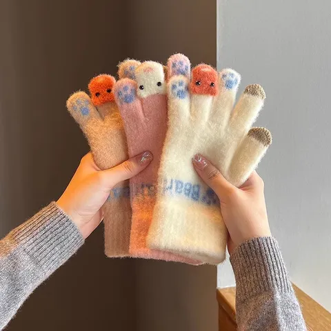 Dames Winter Warm Touchscreen Gebreide Handschoenen Schattig Dierenpoot Afdruk Verdikke Koudwerend Fietsen Thermische Handschoenen