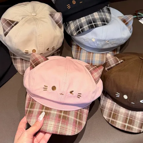 Leuke Kattenoor Ruit Beret Hoed Vrouwen Herfst Winter Zoete Octagonale Pet Retro Casual Gebogen Rand