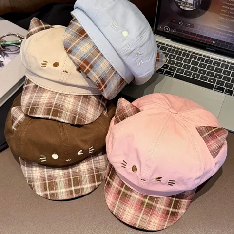 Leuke Kattenoor Ruit Beret Hoed Vrouwen Herfst Winter Zoete Octagonale Pet Retro Casual Gebogen Rand