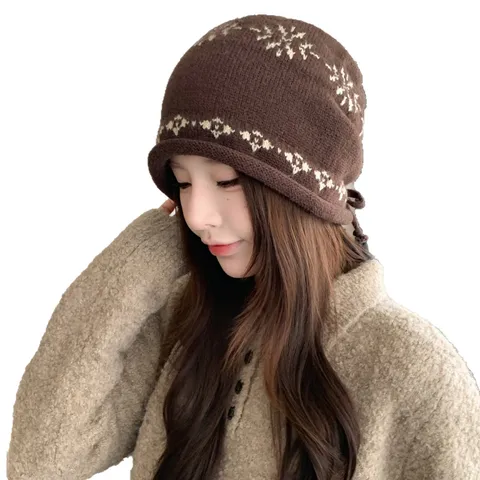 Herfst Winter Fair Isle Slouchy Muts Retro Contrast Trekkoord Gebreid Warm Winddicht Pet Vrouwen Mode Accessoires