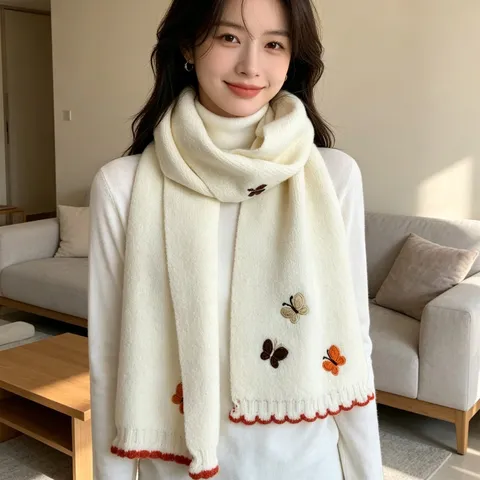 Vrouwen Winter Verdikte Warme Gebreide Sjaal Schattige Vlinder Borduurwerk Koreaanse Stijl Lange Sjaal Casual Zachte Nekkwarmer