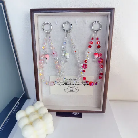 Ins Style Crystal Beaded Phone Lanyard Cute Strawberry Keychains Women Bag Charm Handbag Chain Decorative Jewelry