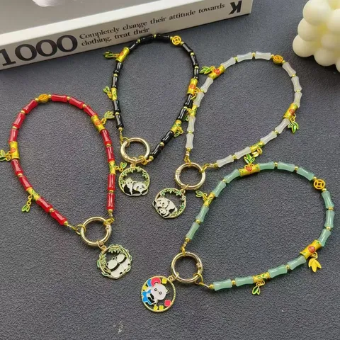 Cute Panda Phone Charm Bag Pendant Chinese Style Bamboo Beaded Strap Niche Creative Anti Loss Short Phone Lanyard