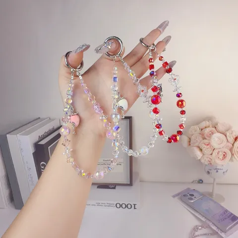 Ins Style Crystal Beaded Phone Lanyard Cute Strawberry Keychains Women Bag Charm Handbag Chain Decorative Jewelry