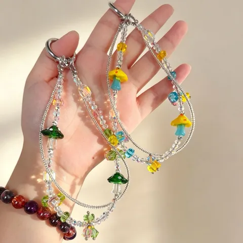 Handmade Beaded Double Chain Phone Charm Cute Colorful Glass Mushroom Pendant Aesthetic Bag Decoration Cute Accessory