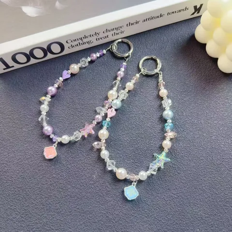Handmade Crystal Beaded Phone Charm Artificial Pearl Starfish Phone Strap Short Wrist Strap Bag Charm Keychain Jewelry